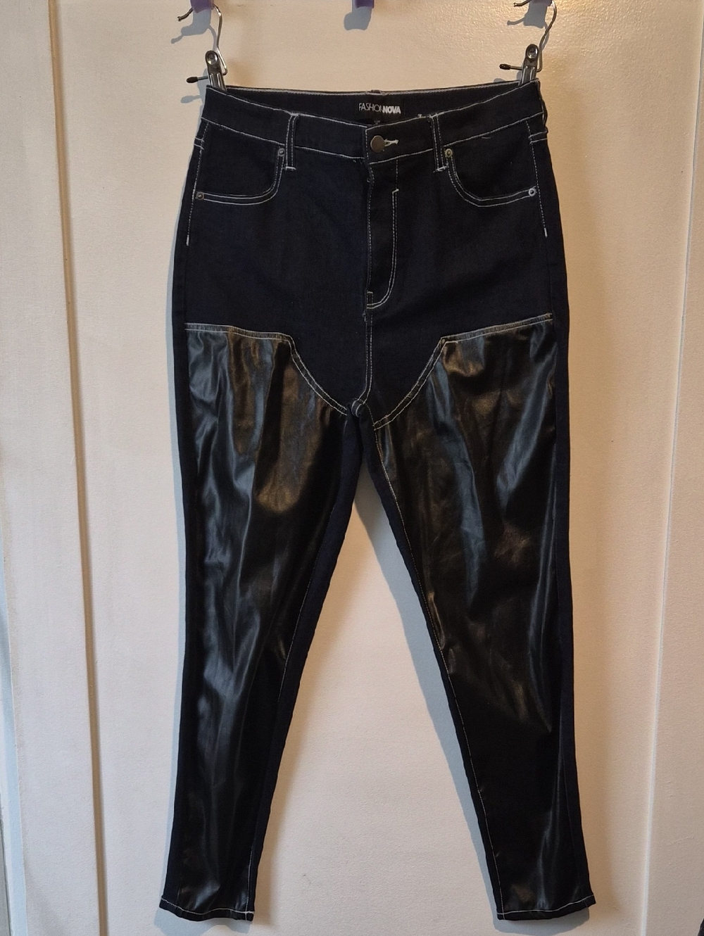 Fashion Nova Black Skinny Jeans with Faux Leather Panels